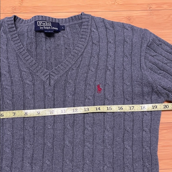Polo Ralph Lauren Cable Knit Sweater Size Large V Neck Grey Cotton - Picture 12 of 15